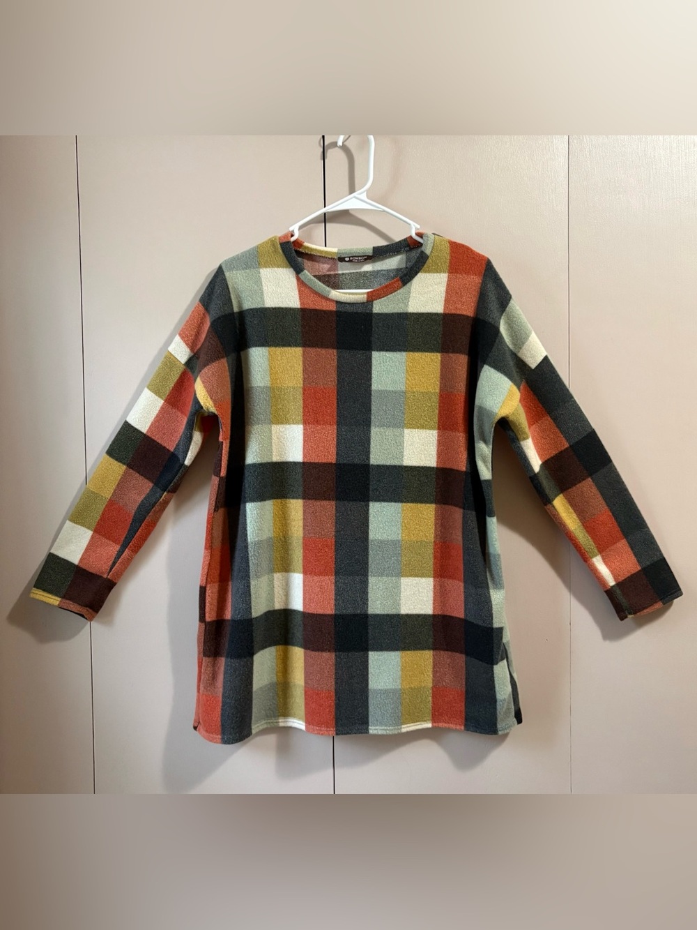 Ladies Fall Oversized Medium Plaid BomBom Long-Sleeve Top Orange Yellow Green